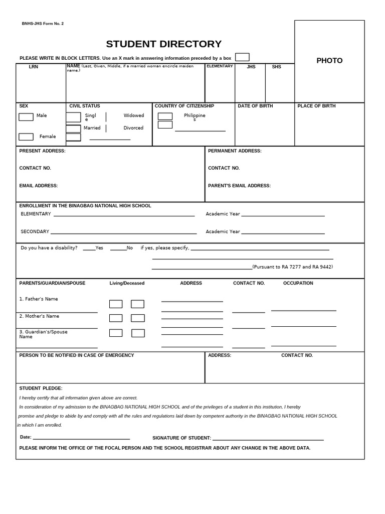 BNHS Student Directory Form | PDF | Justice | Crime & Violence