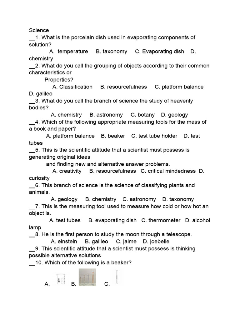 Science Quiz: Properties and Classification | PDF | Liquids | Solid