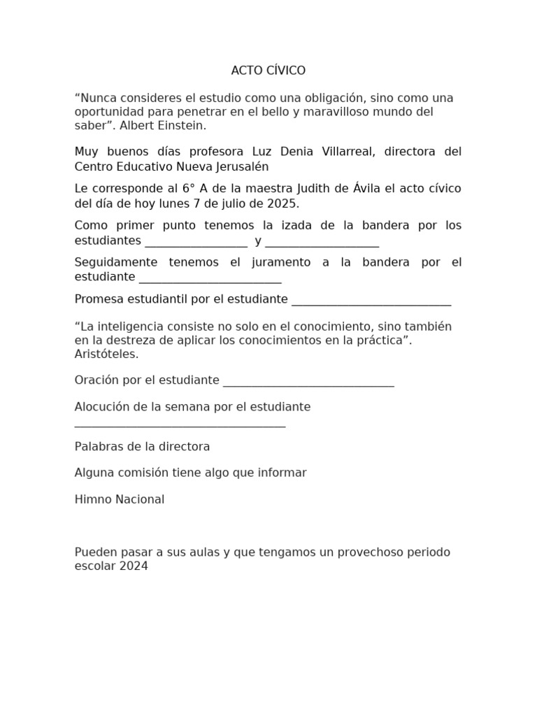 Acto Cívico y Bienvenida Escolar 2024 | PDF | Mujer | Derechos de las ...