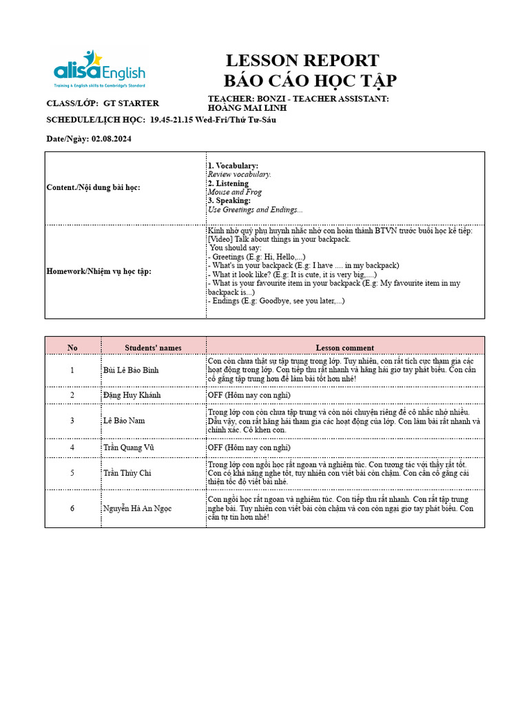 Lesson Report (Báo Cáo Học Tập) - GT STARTER.lđ - 02.08.2024 | PDF