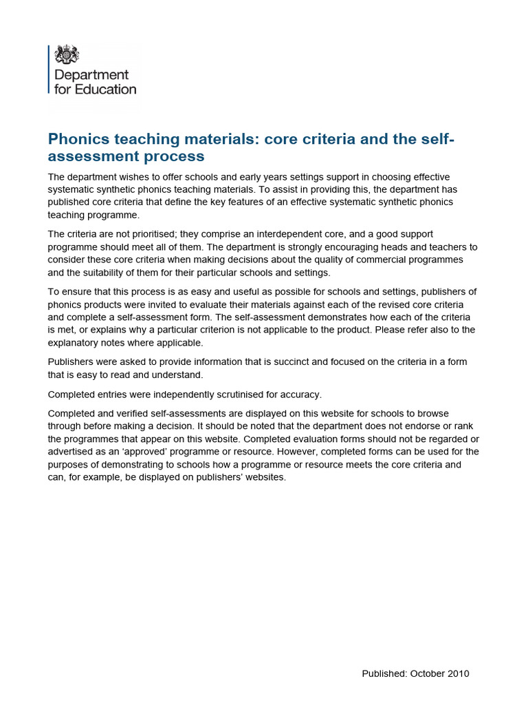 Phonics Teaching Materials Criteria Guide | PDF | Phonics | Reading ...