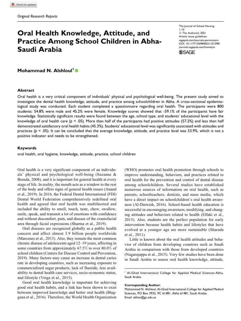 Oral Health Knowledge in Abha Children | PDF | Dentistry | Health Care