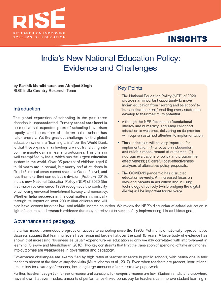 Indias New National Education Policy Evidence Challenges | PDF ...