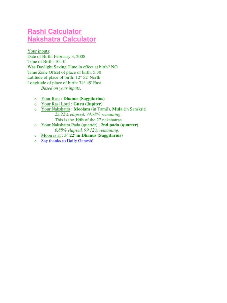 Nakshatra Calculator Rasi Calculator | PDF