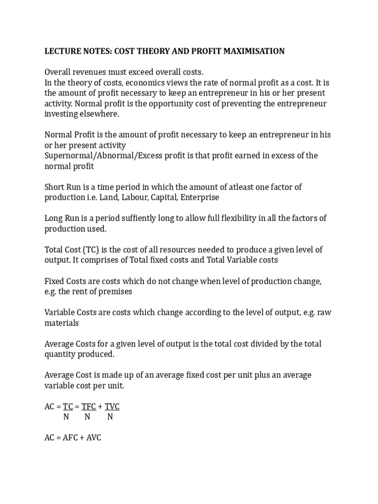 Lecture Notes - Cost Thoery and Profit Maximisation | PDF