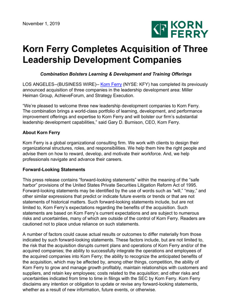 Korn Ferry Acquires Leadership Firms | PDF | Mergers And Acquisitions ...