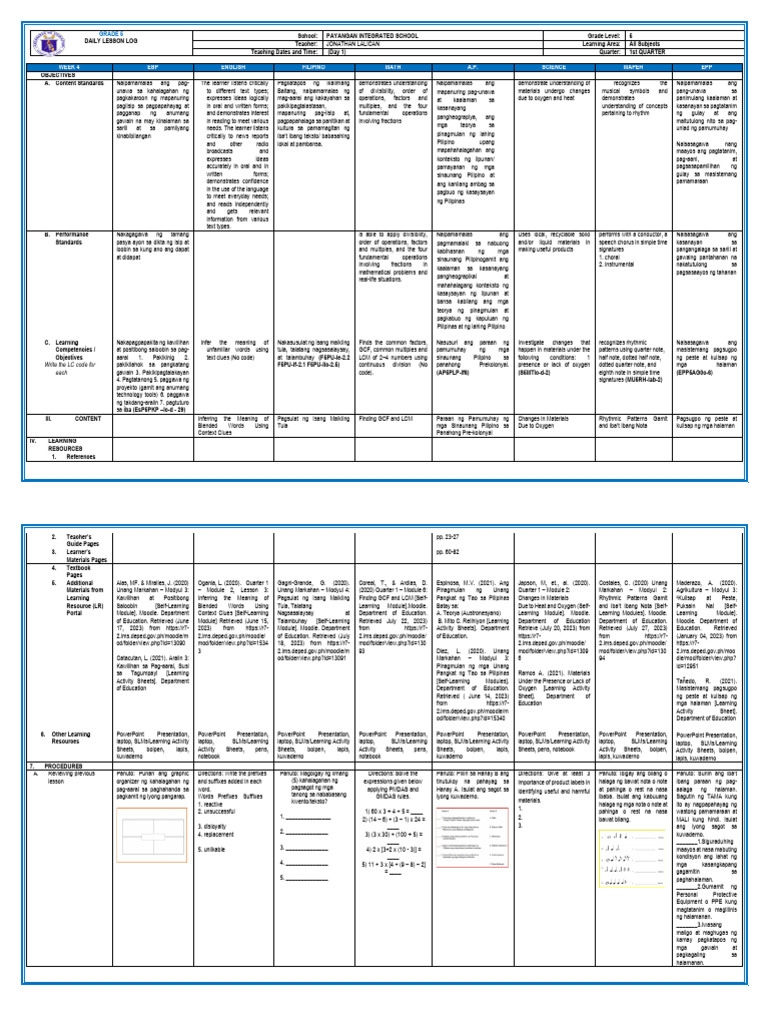 Grade 5 Daily Lesson Plan Overview | PDF