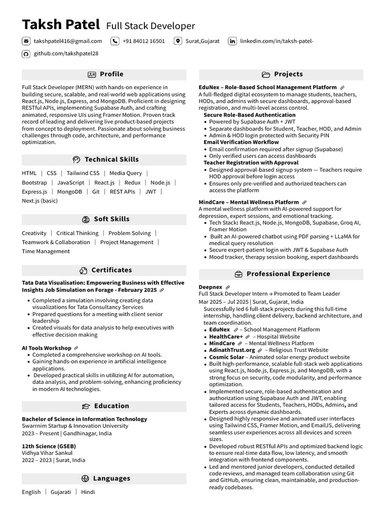 Taksh Patel: Full Stack Developer Profile | PDF | Artificial ...