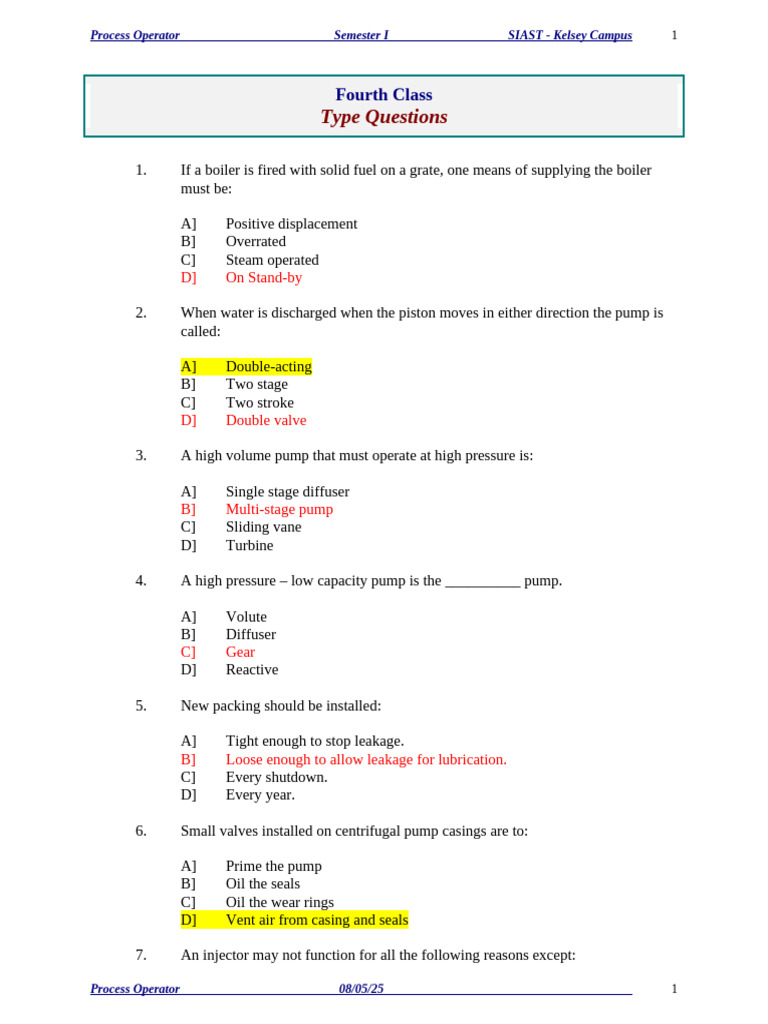 Process Operator Exam Questions Guide | PDF | Boiler | Pump