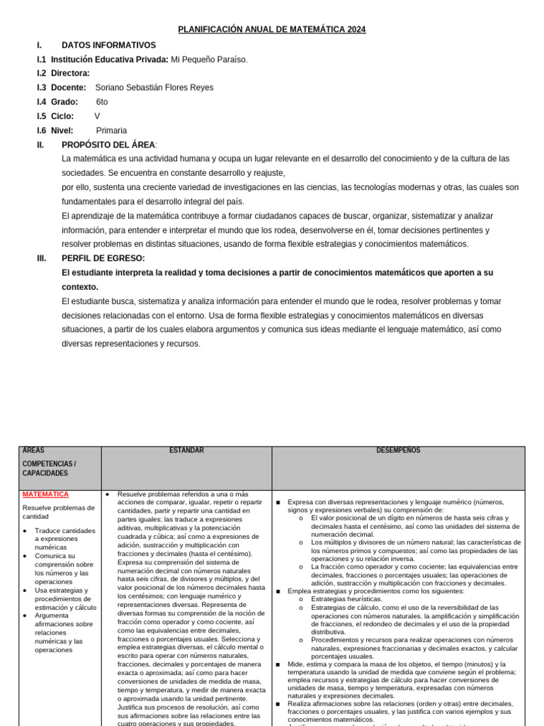 Planificación Anual de Matemática 2024 | PDF | Decimal | División ...