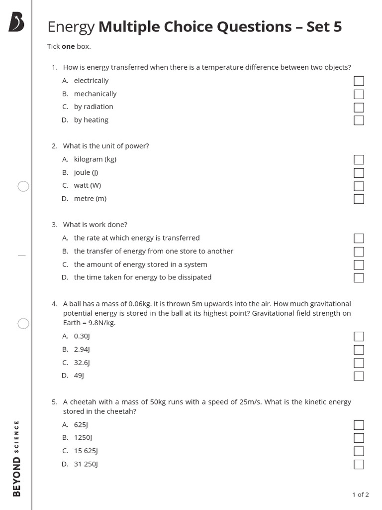 Energy Transfer Multiple Choice Quiz | PDF