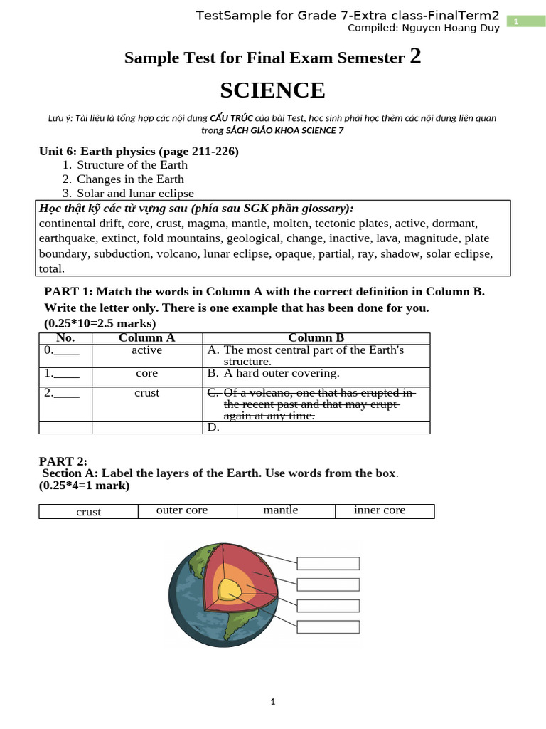 Grade 7 SCIENCE-Sample Test1 For Final Semester2 | PDF | Volcano | Earth