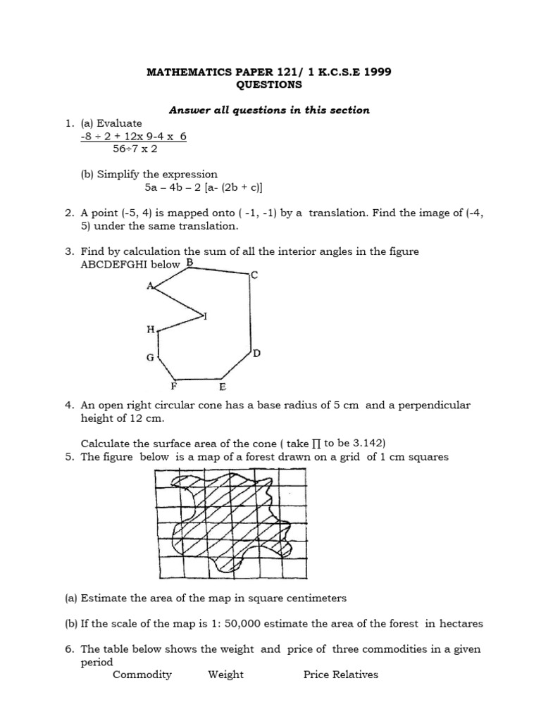 K.C.S.E 1999 Mathematics Exam Paper | PDF | Area | Geometric Shapes