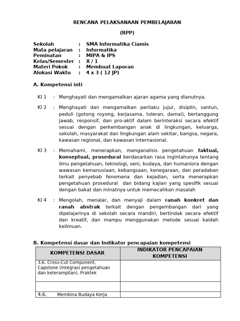 RPP Informatika Kelas X: Membuat Laporan | PDF