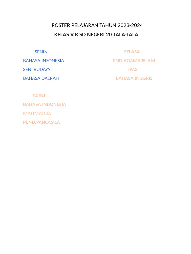 Roster Pelajaran Kelas V.B SD 2023-2024 | PDF