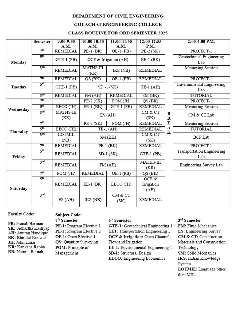 Class Routine Odd Sem | PDF | Mechanical Engineering | Science