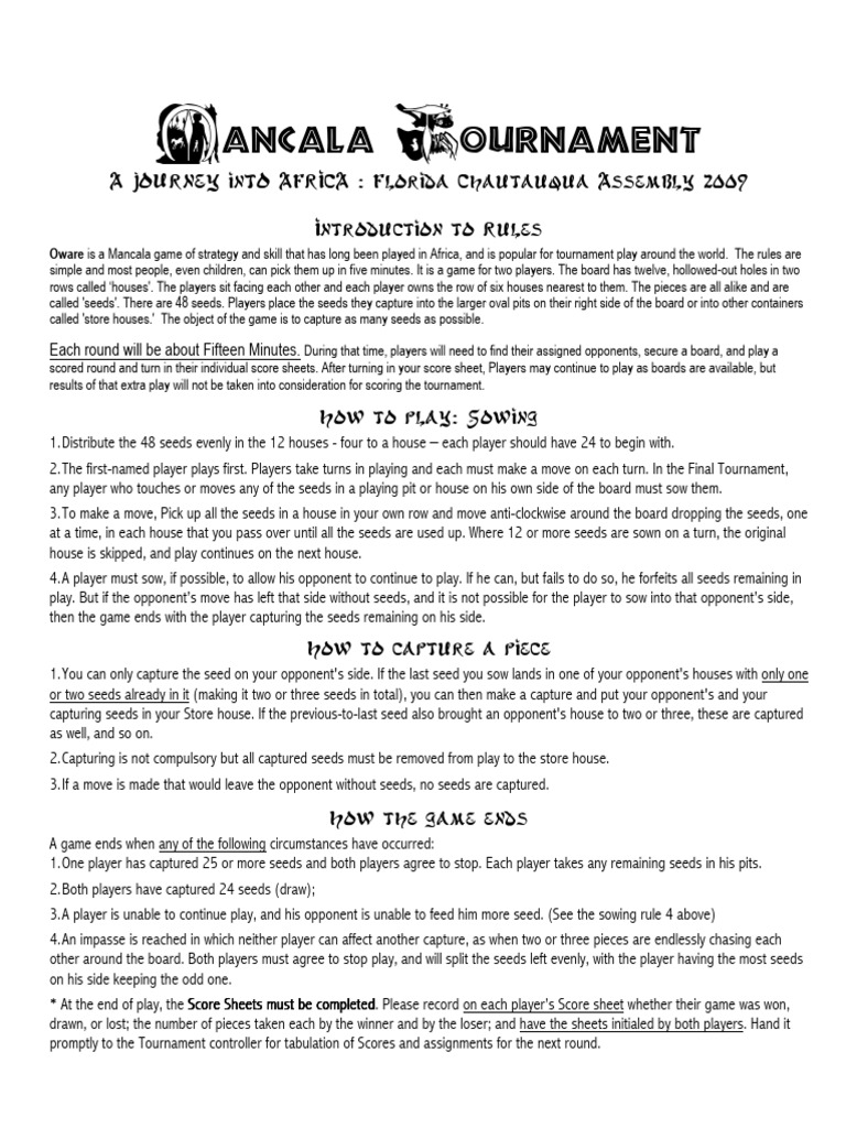 Oware Game Rules for Tournament Play | PDF | Traditional Board Games ...