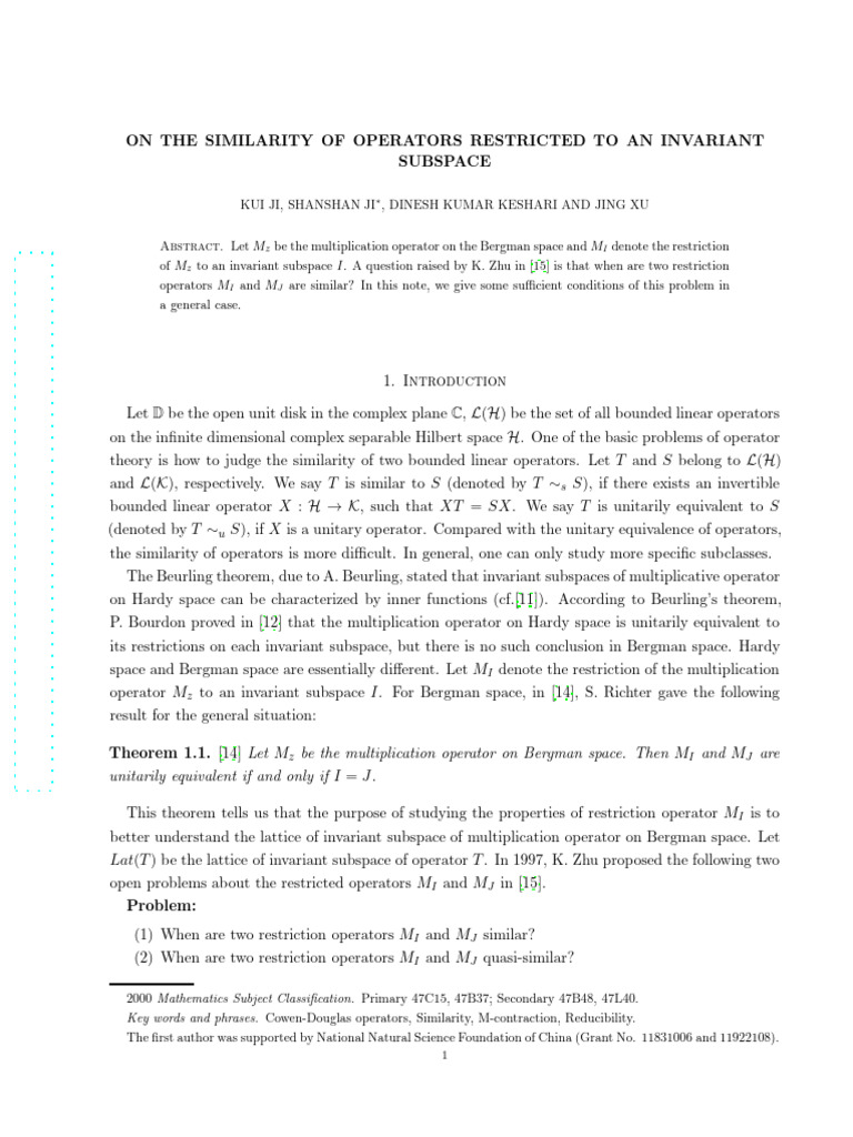On The Similarity of Operators Restricted To An Invariant Subspace ...