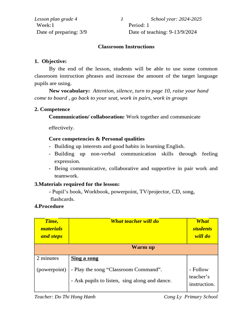 Grade 4 English Lesson Plan | PDF | Vocabulary | Lesson Plan