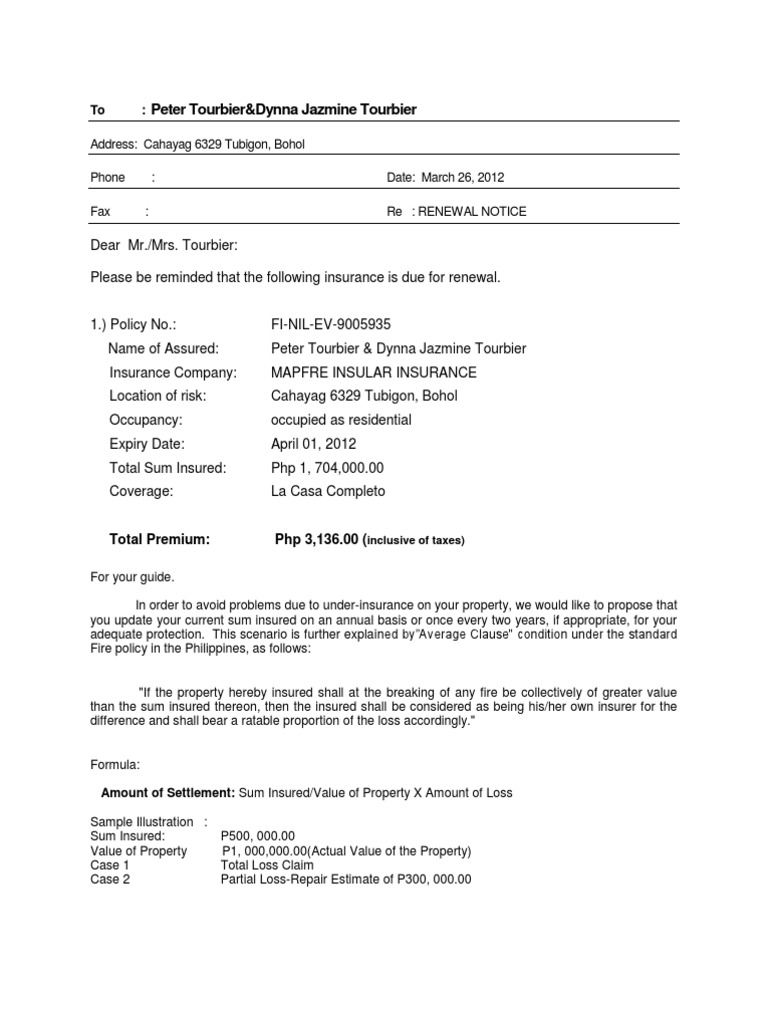 Tourbier Renewal Notice Insurance Service Industries