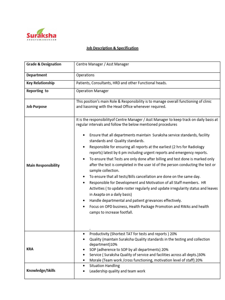 Centre Manager Job Responsibilities | PDF | Health Care