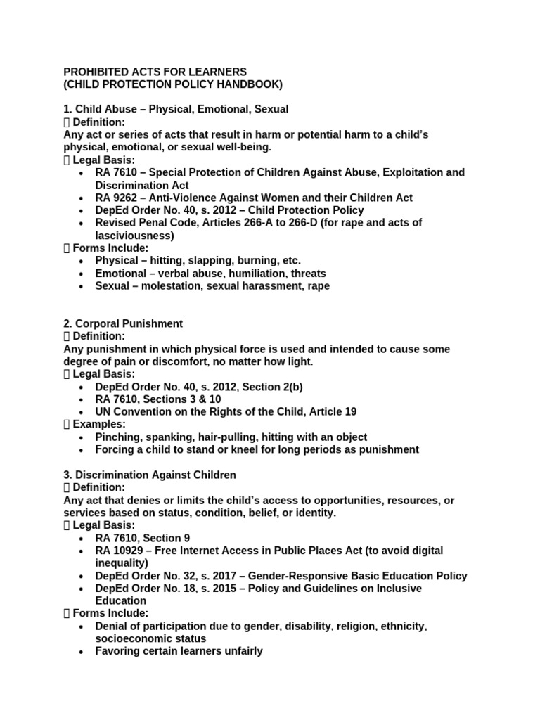 Prohibited Acts in Child Protection Policy | PDF | Bullying | Sexual ...