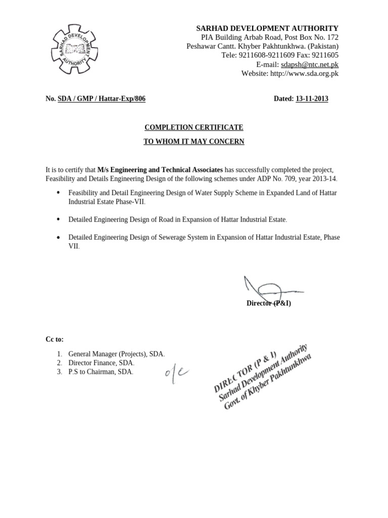 Completion Certificates for Engineering Projects | PDF | Khyber Pakhtunkhwa