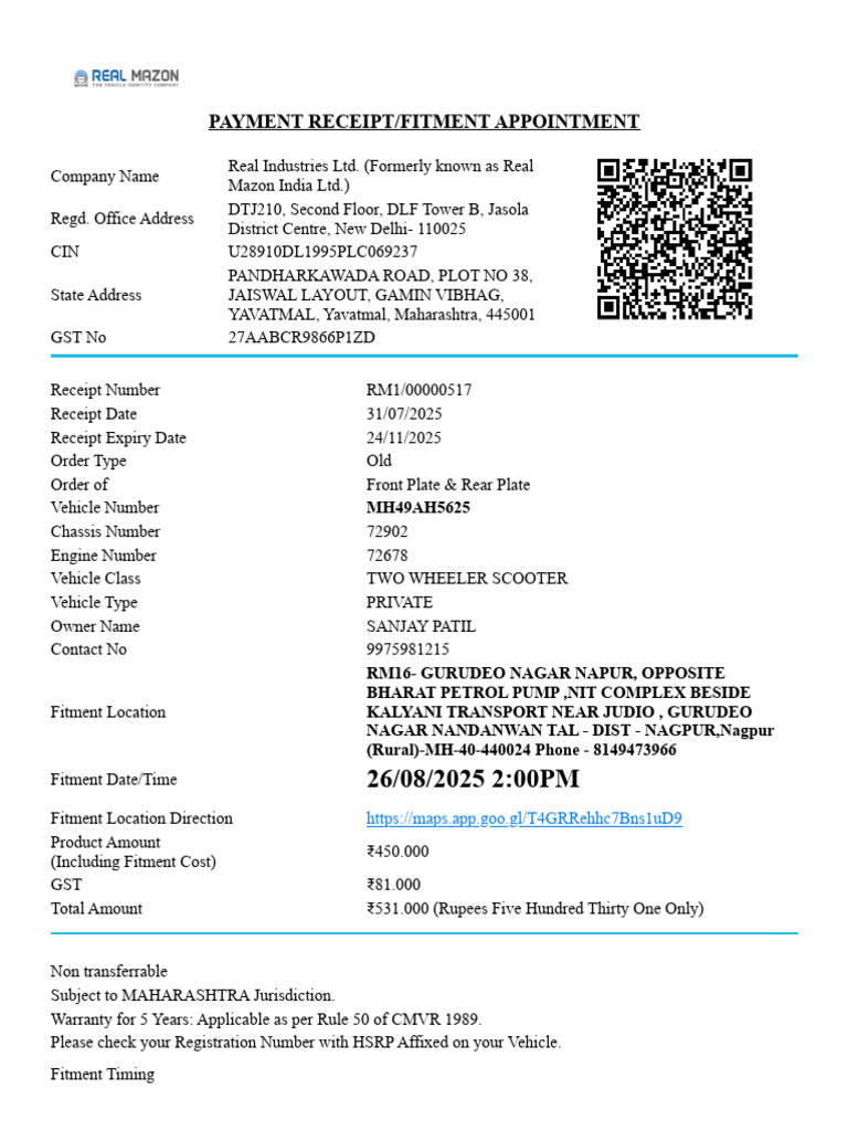Payment Receipt for HSRP Fitment Appointment | PDF | Transport | Vehicles
