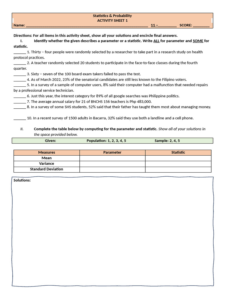 Statistics & Probability Activity Sheet | PDF