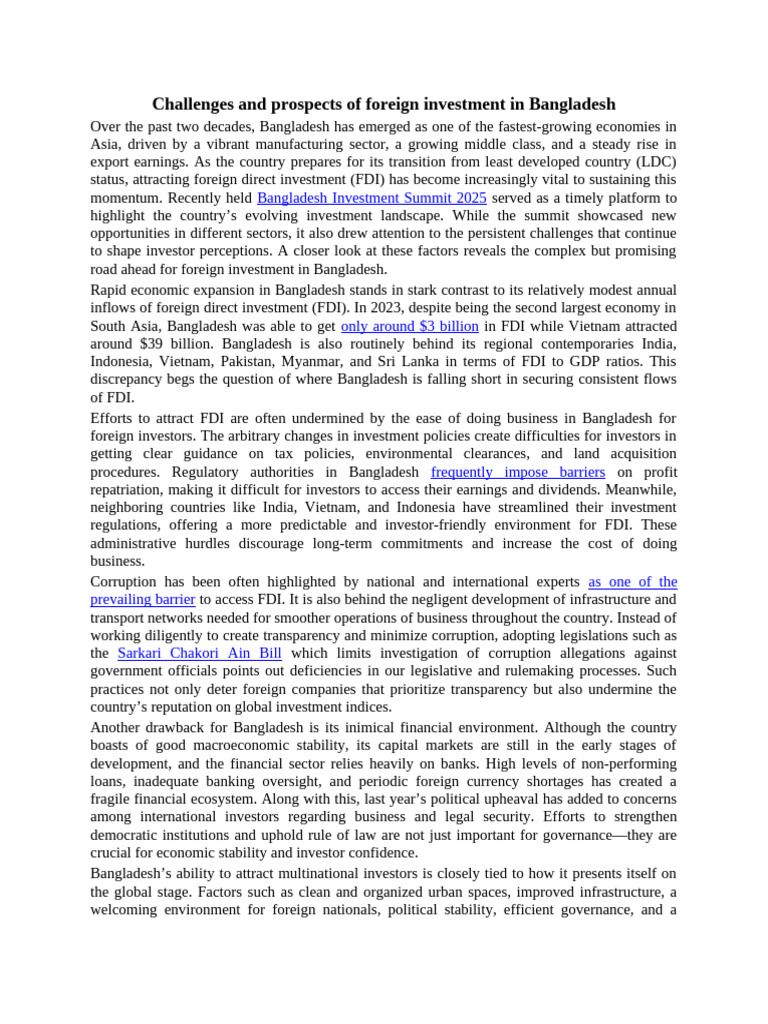 FDI Challenges and Opportunities in Bangladesh | PDF | Foreign Direct ...