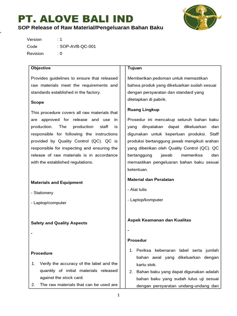 SOP Pengeluaran Bahan Baku ALOVE BALI | PDF