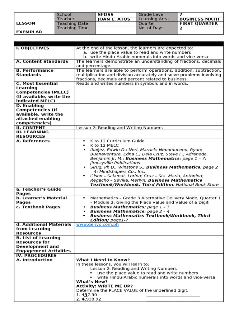 (Ok) 2 Bmath Exemplar-Reading and Writing Numbers | PDF | Numbers ...