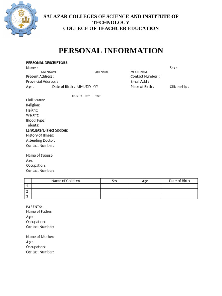 Personal Information Form Template | PDF