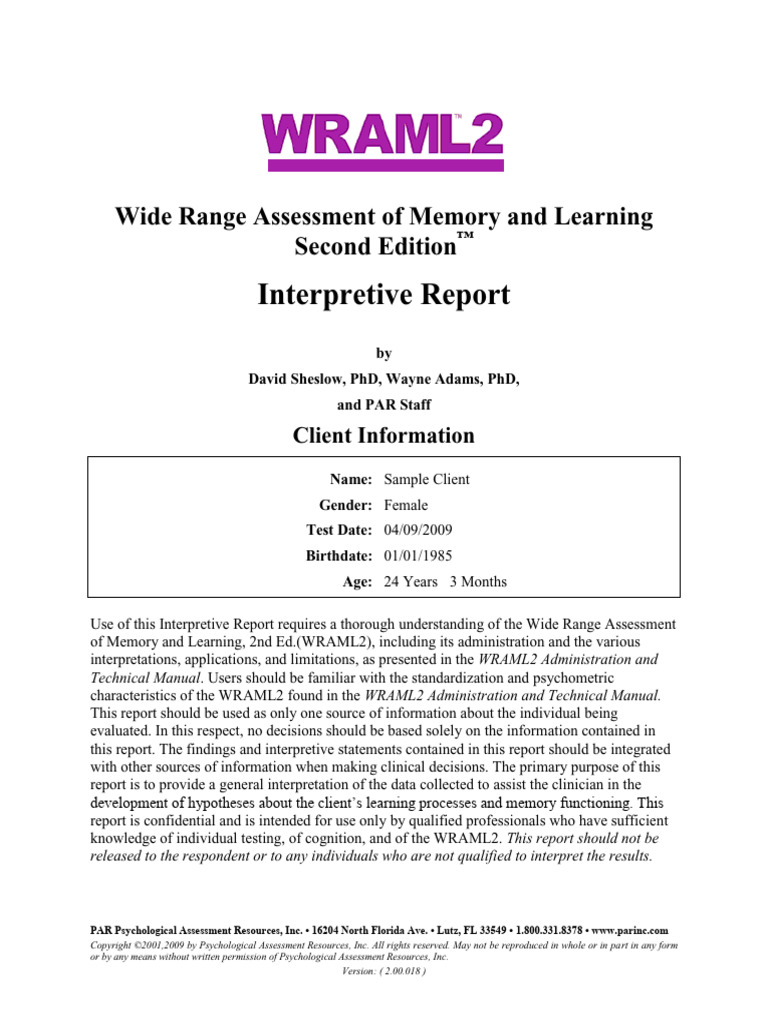 WRAML2 Interpretive Report Summary | PDF | Psychological Evaluation ...