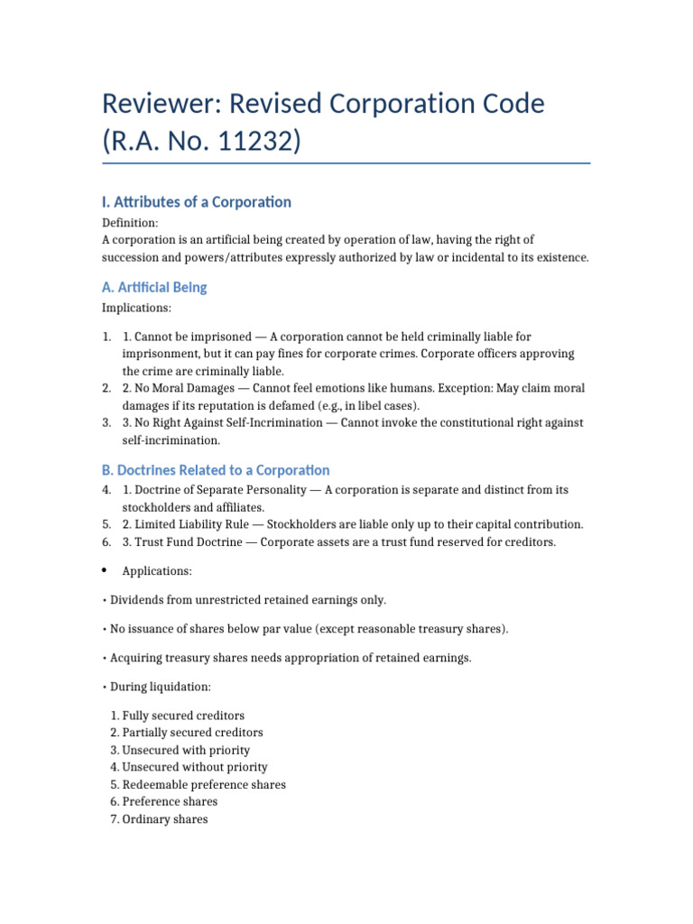 Revised Corporation Code Overview | PDF | Corporations | Preferred Stock
