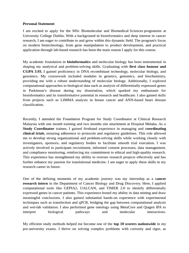 UCD MSc Biomolecular Personal Statement | PDF | Bioinformatics ...