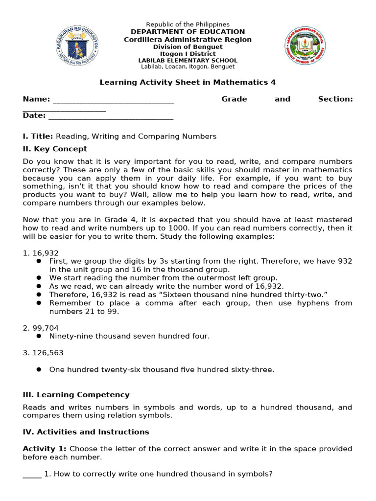 Grade 4 Math: Reading & Comparing Numbers | PDF