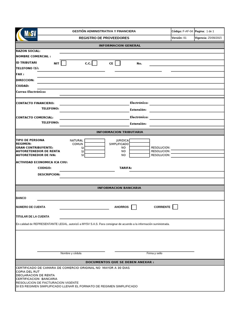 Registro y Políticas de Proveedores MYSV S.A.S. | PDF | Bancos | Economias