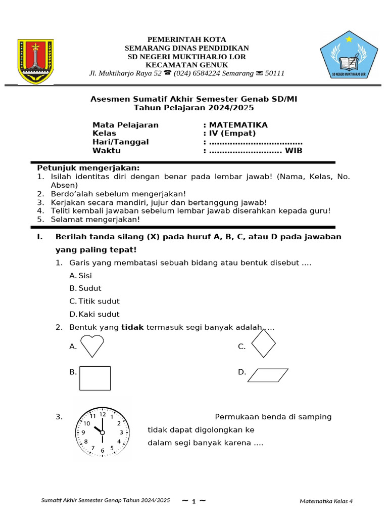 Soal Matematika Kelas 4 Semester Genap | PDF