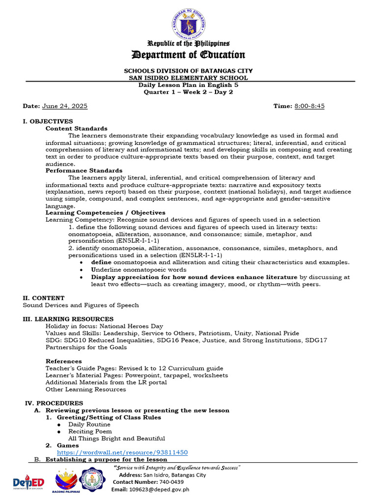 English 5 Lesson Plan: Sound Devices | PDF | Metaphor | Reading ...