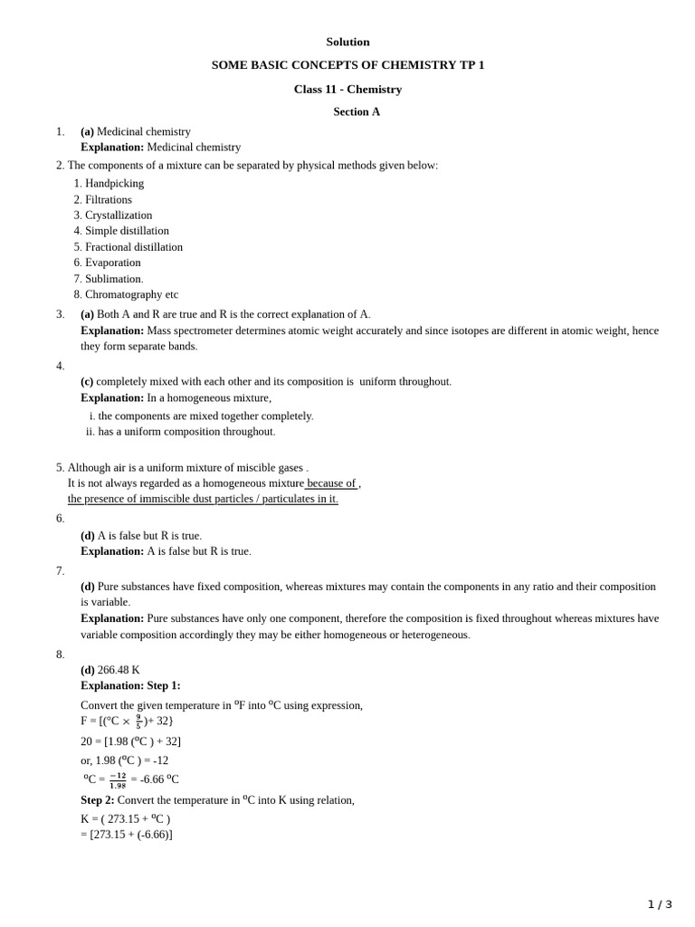 CH-1 Some Basic Concepts of Chemistry TP 1 SOL | PDF | Chemical ...