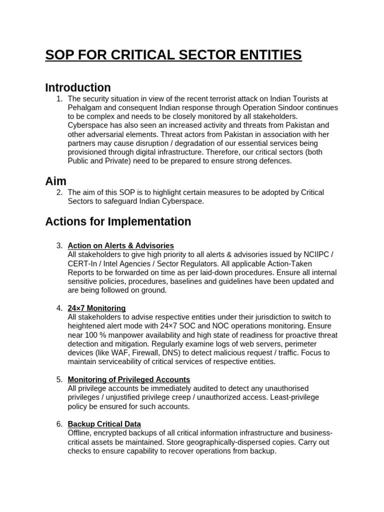 Sop For Critical Sector Entities | PDF | Security | Computer Security