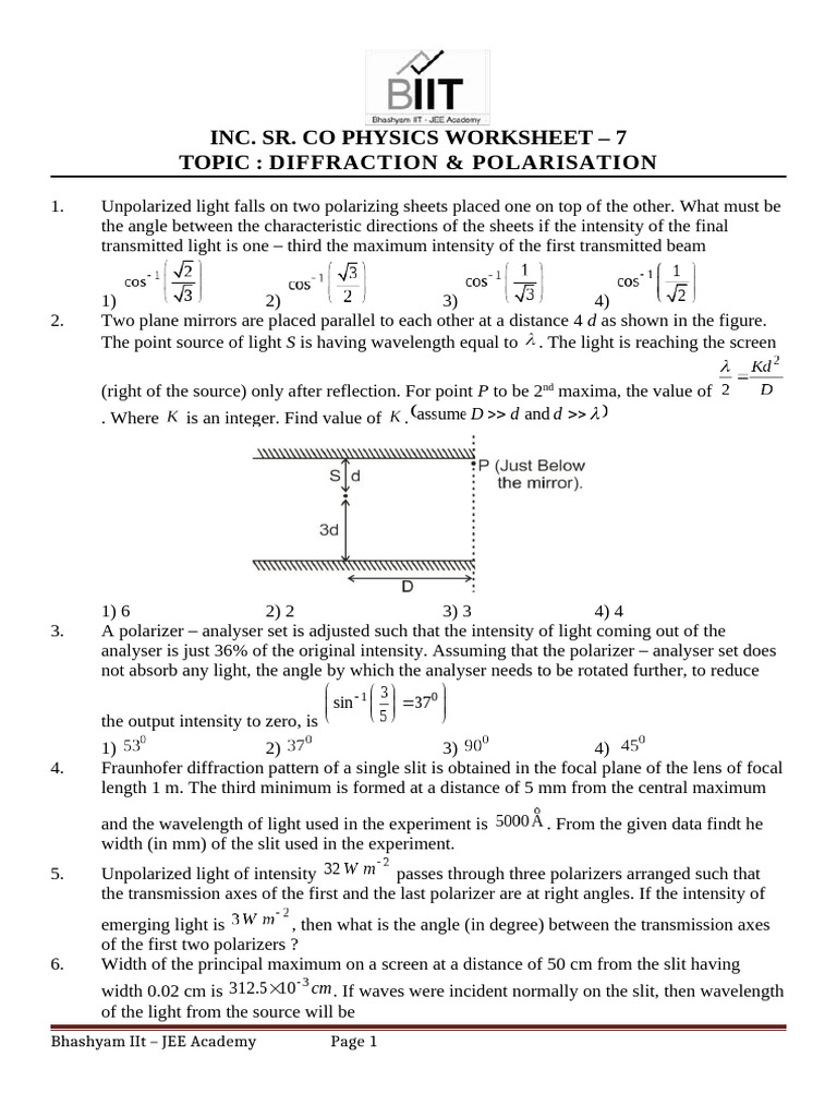 10.DIFFRACTION & POLARISATION (Wave Optics) | PDF | Diffraction ...