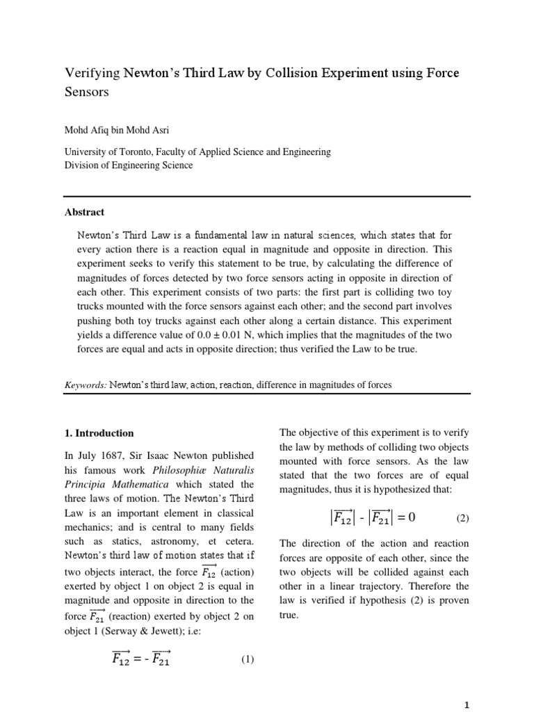 PHY180 Formal Lab Report Newton's Third Law Newton's Laws Of Motion