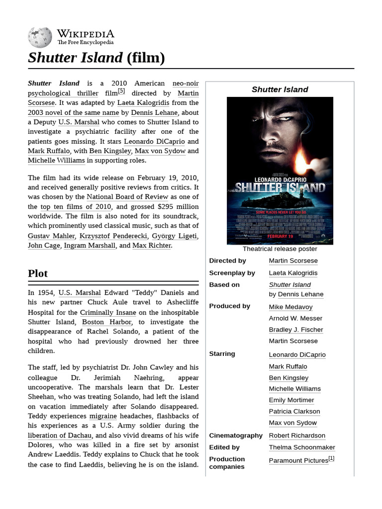 Shutter Island: Plot Overview and Analysis | PDF