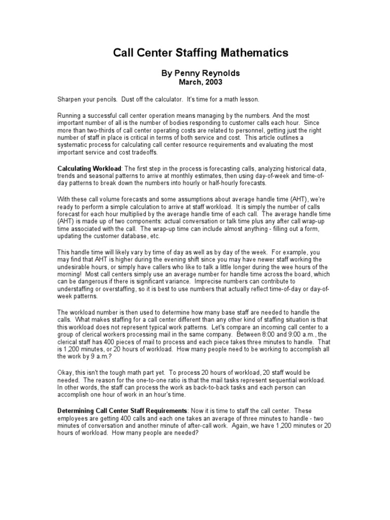 Call Center Staffing Calculations Guide | PDF | Call Centre | Workload