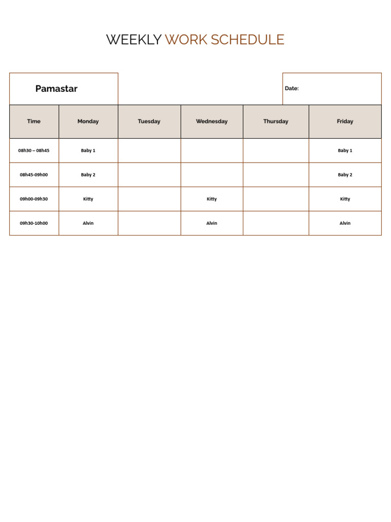 Simple Weekly Work Schedule Template - Word | PDF