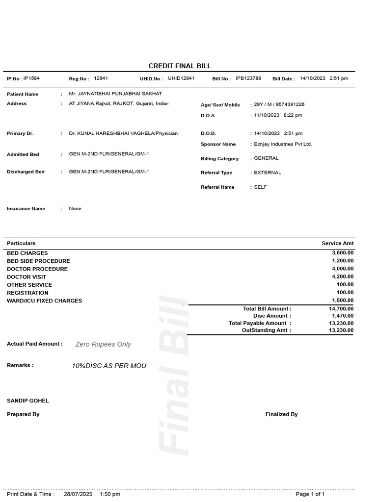 Hospital Final Bill Breakdown | PDF | Health Care | Social Programs