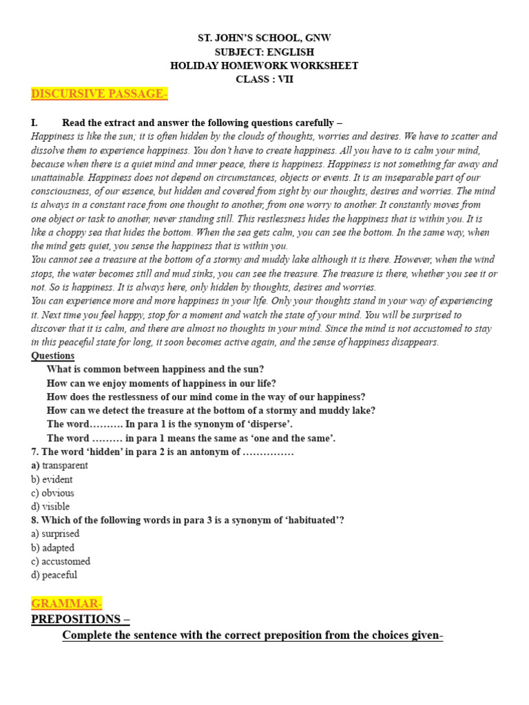 Class VII English Holiday Homework Guide | PDF