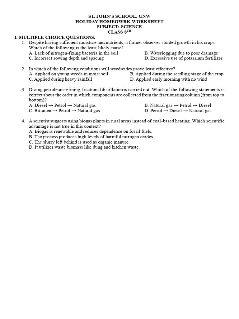 Holiday Homework Worksheet Science Class 8th | PDF | Agriculture | Soil